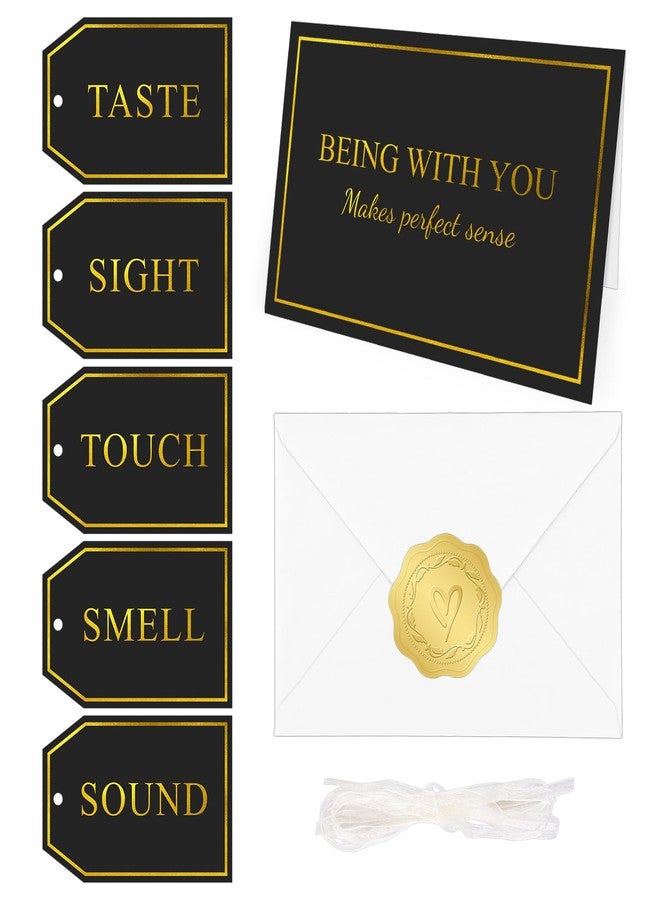 joycraft 5 Sence Gift Tags Set - Black & Gold Foil Five Senses Gift Wrapping Tag for Anniversary, Valentine's Day, Birthday - 5 Tags + 1 Greeting Card + Sticker + Ribbon - Image 1